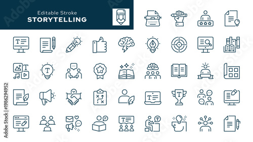 Storytelling. Set of outline icons. Copywriting, writing a book, writer, story, autor, idea, blog, content and more.  Line icon in linear style. Vector collection	
