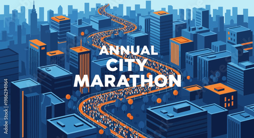 Vibrant Urban Marathon Illustration Featuring Numerous Participants and Architectural Marvels