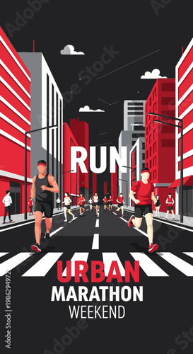 Vibrant Urban Marathon Illustration Showcasing Endurance and Cityscape During Weekend Event