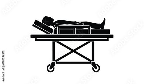 A stark black silhouette depicts a person reclining on a medical gurney suggesting illness or injury a somber scene silhouette high quality professional detailed