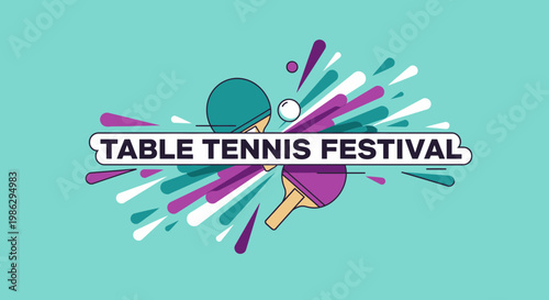 Vibrant Table Tennis Festival Design Featuring Artistic Graphic Elements on a Turquoise Background