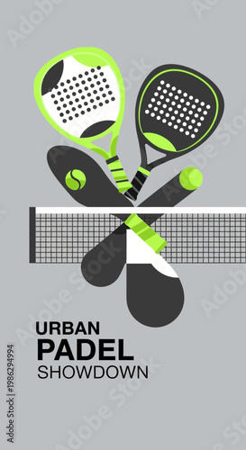 Vibrant Urban Padel Showdown Racquets and Net Minimalist Sport Illustration