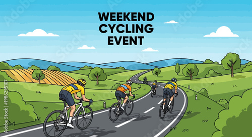 Vibrant Weekend Cycling Event Depiction Featuring Cyclists on a Scenic Route and Landscape
