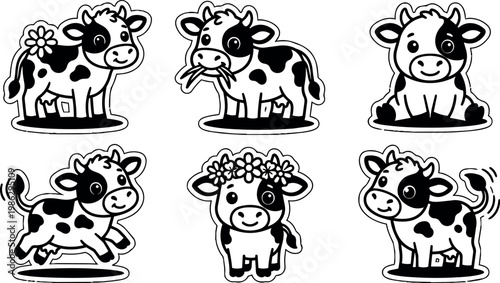 Black and white cartoon cow stickers with flowers and playful poses