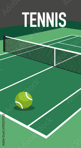 Vibrant Tennis Court Illustration Featuring a Tennis Ball and a Well-Defined Net Design