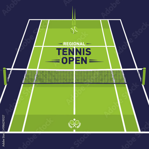 Vibrant Tennis Court Illustration for Regional Open Tournament, Green Surface and Net