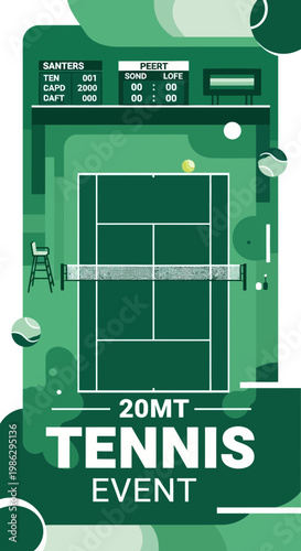 Vibrant Tennis Court With Scoreboard Graphic Design For Sports Event Promotions