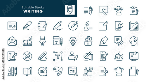 Writing. Set of outline icons. Write, writer, pen, pencil, autor, text, edit, nib, calligraphy, document, note, fountain pen and more. Line icon in linear style. Vector collection	