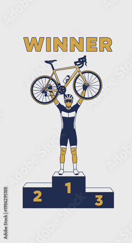 Victorious Cyclist Celebrates Triumph Holding Bicycle High On Podium