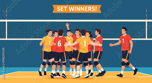 Victory Celebration In Volleyball Match Team Huddle For Winning Moment