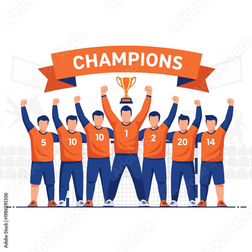 Victory Celebration: Illustrative Depiction of a Championship Team Achieving Success with Trophy