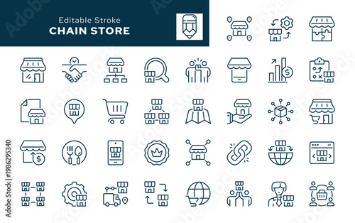 Chain store. Set of outline icons. Franchise, brand, consumer, trade mark, market, retail, public catering market, distribution and more. Line icon in linear style. Vector collection	