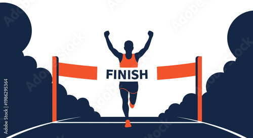 Victory Silhouette: Reaching Finish Line, Symbolizing Success and Achievement
