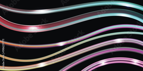 Abstract iridescent glowing wave lines on black background. Modern futuristic neon light trails with metallic pearl finish for luxury design. Vector Illustration.