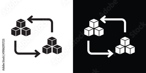 3D box icons with checkmarks and sync arrows symbolizing efficient supply chain management, delivery verification, inventory updates, and logistics process automation.