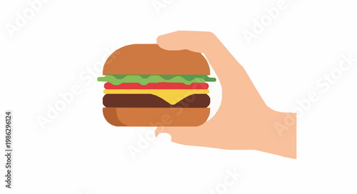 Hand holding burger flat vector illustration with modern fast food design isolated on white