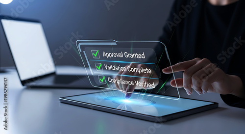 Digital approval and compliance verification on a holographic display above a tablet