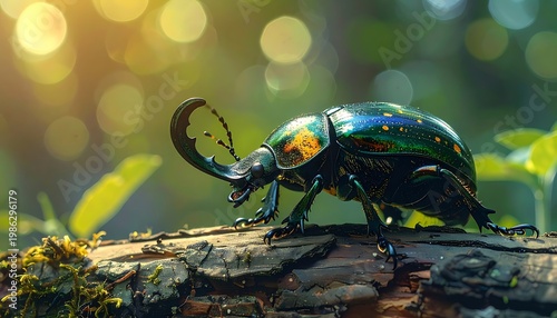 Emerald beetle on log