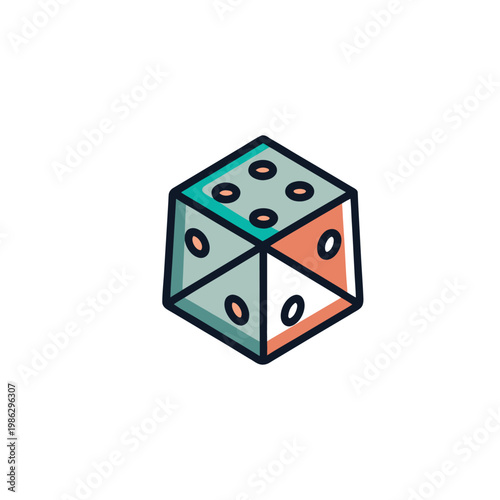Illustrated colorful isometric dice with dots representing numbers isolated on transparent background