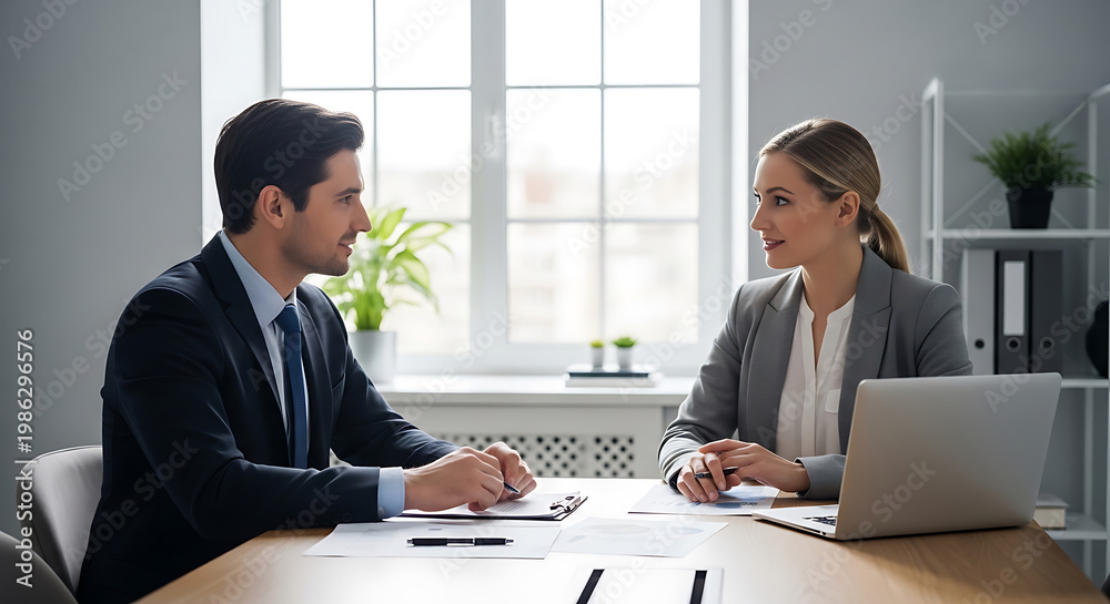 Obraz premium Two businesspeople reviewing documents at a bright office desk with large windows business meeting