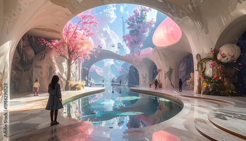 Dreamlike cavern interior with reflective pool, pink trees, and figures, blending nature with architectural elements