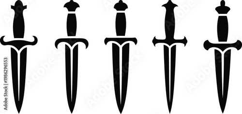 Collection of five black dagger silhouettes isolated on white