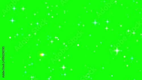 A video showcasing a vibrant green screen with sparkling white stars and glittering effects in the background.