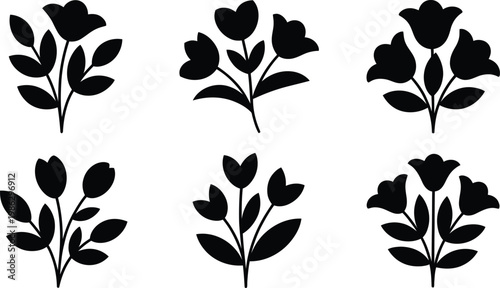 Set of six stylized black floral illustrations on white