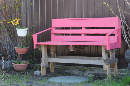 Pink wooden bench in the garden with green grass and flowerpot.