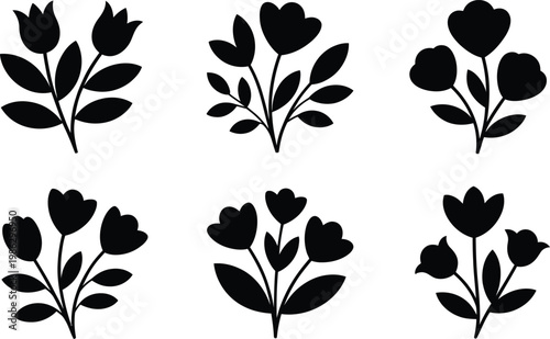 Stylized Silhouette Flower Arrangements Isolated on Transparent Background