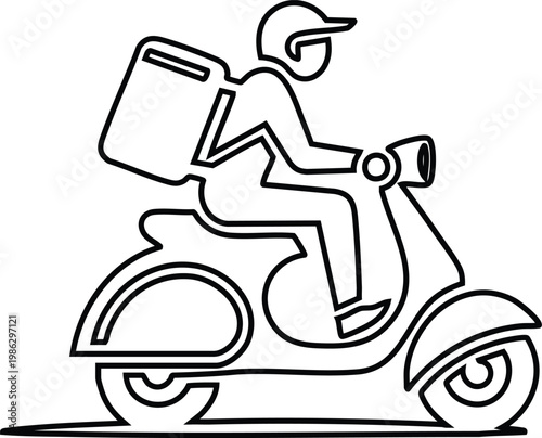 Delivery person on a scooter with a large insulated bag simple outline vector illustration for food delivery services and logistics concepts