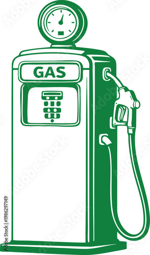 Vintage gas pump illustration retro fuel dispenser with hose and nozzle classic service station icon for transportation and energy concepts