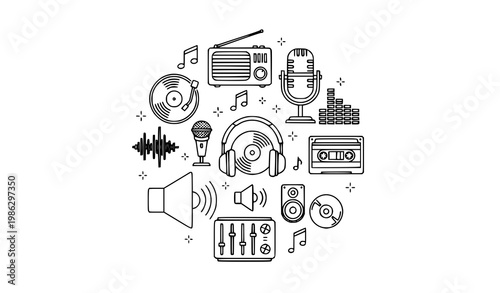 Audio and Music Outline Icons Circular Vector Set Minimal Media Symbols