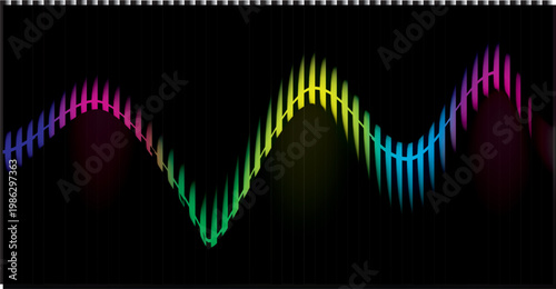 colourful digital sound wave equaliser visualisation with neon gradient bars on black background, audio spectrum analyser graphic for music technology
