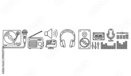 Music and Audio Line Icons Set Minimal Black Outline Media Vector Collection