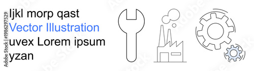 Engineering, manufacturing, factory processes, industrial tools, machinery, production systems. Minimal design a wrench, factory gears and machine elements. Engineering and manufacturing concept