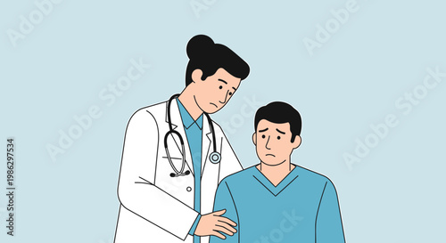 Doctor comforting worried patient, empathy, medical care, mental health support, healthcare concept