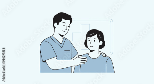 Doctor comforting worried patient in hospital, healthcare support and empathy