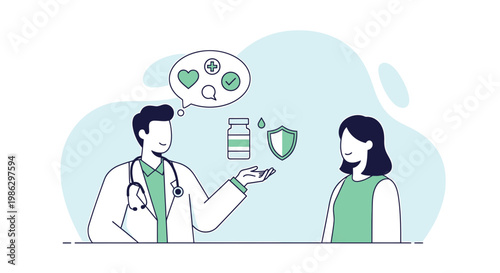 Doctor consulting patient about health insurance and vaccination, medical icons