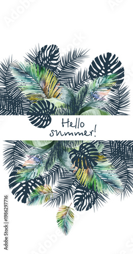 Palm leaves background for text. Hello summer. Hand drawn. Not AI, vector illustration.
