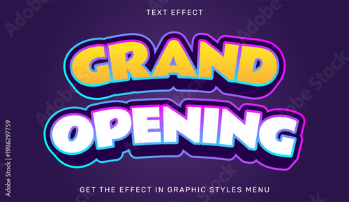 A vibrant grand opening sign with colorful text effect on a dark background