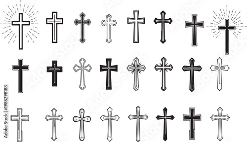 Collection of various cross symbols in different styles and designs on white background