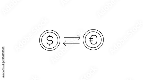 Minimalist black line vector icon illustration of a dollar coin and a euro coin with exchange arrows, representing currency conversion, foreign exchange market, and global finance on white.