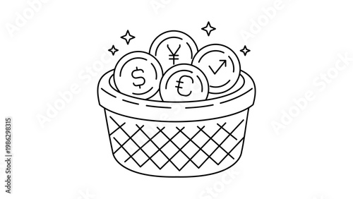 Mutual Fund Investment Vector Icon: A Minimalist Hand-Drawn Black Line Illustration of a Basket Filled with Diverse Currency Coins Like Dollar, Euro, and Yen, Representing Financial Diversification.