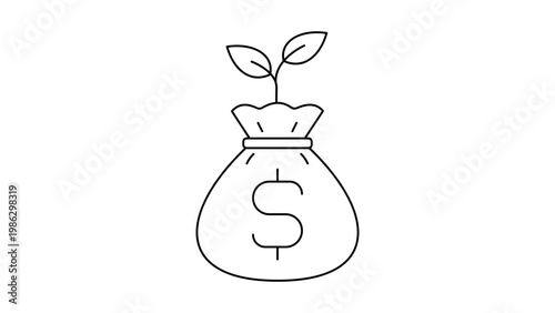 Venture capital and investment growth concept vector icon illustration featuring a minimalist black line money bag with a dollar sign and a small sprout plant growing out of the top on white.