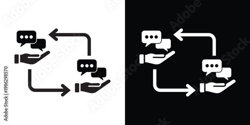 Speech bubble icons held by hands with circular arrows representing customer feedback loops, professional communication, support dialogue, and interactive messaging services.