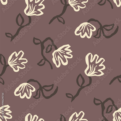 Seamless monochrome pattern featuring hand drawn abstract flowers. Artistic brush strokes floral design in modern minimalist style