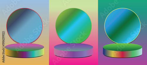 Three colorful podiums reflecting the light with a gradient background, symbolizing achievement