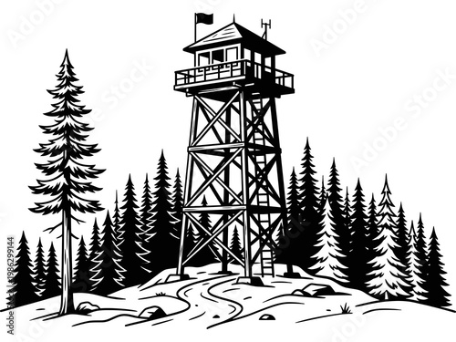 A fire lookout in the forest vector
