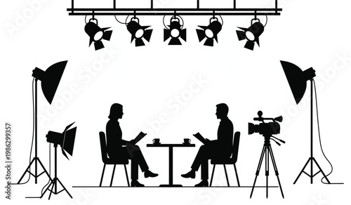 A stark black silhouette depicts a television interview setup with two figures bright spotlights and studio equipment silhouette high quality professional detailed modern elegant
